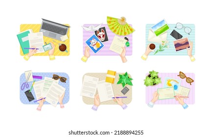 View from above of hands signing paper document, writing letter and sending postcards set vector illustration