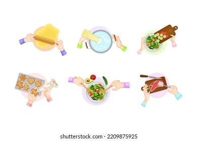 View From Above Of Human Hands Cooking And Baking Tasty Dishes Set Vector Illustration