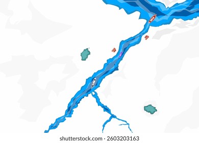 View from above of the icebreaker and several boats on the snowy plains
