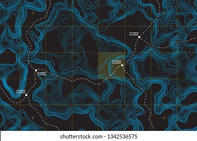 View From Above Lie Of The Ground Conceptual Vector Topographic Map With Route And Coordinates Abstract Blue Background