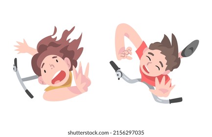 View from above of little boys falling down from kick scooters cartoon vector illustration