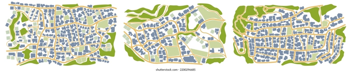 View from above the map buildings. City top view. Vector illustration. Map navigation to own house. Top view. Abstract background. Cute simple design. Vector illustration isolated on white.