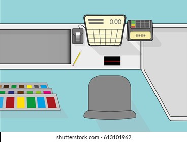 View from above on cash desk work place in supermarket - vector illustration