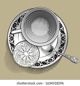 view from above on a cup with tea and a small spoon on a saucer with a lemon slice. Vintage engraving black and white stylized drawing. Vector illustration