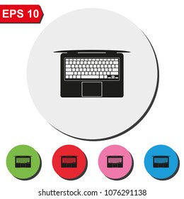 View from above on laptop simple flat round colorful vector icon. Top view illustration.