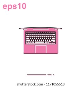 View from above on laptop simple flat thin line vector icon. Top view illustration.
