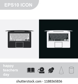 View from above on laptop simple flat black and white vector icon. Top view illustration.