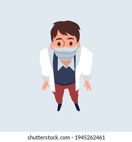 View from above on man doctor in mask, flat vector illustration isolated.