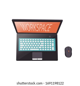 
 Vista desde arriba. Un portátil abierto con un ratón en azul, negro y rojo. Use como clipart para crear una composición de escritorio. Icono - ordenador - ilustración aislada de vectores en fondo blanco.Estilo plano