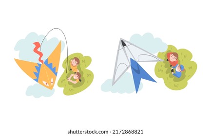 View from above of people launching kite and aircraft model set cartoon vector illustration