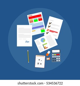 View from above of sheets of paper, letter of contract, pen, pencil, calculator