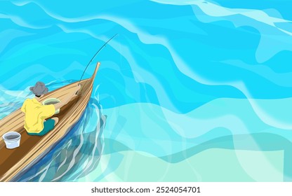 View from above shows a man fishing in the sea with a small boat