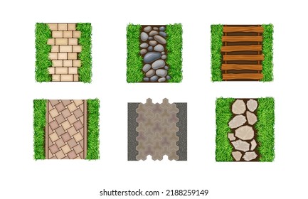 View from above of stone and wooden pathways set vector illustration