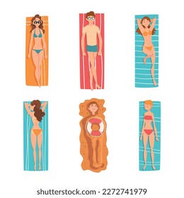 View from above of sunbathing people set. Young men and women lying on towels on beach sand cartoon vector illustration