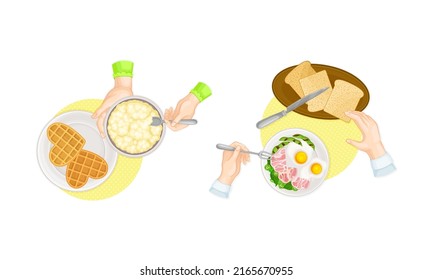 View from above of tasty dishes and human hands set. People having breakfast at home or in restaurant vector illustration