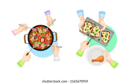 View from above of tasty dishes and human hands set. People having dinner at home or in restaurant vector illustration
