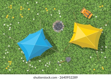 View from above. Vector illustration of a tourist clearing with tents, backpacks, campfire, shovel, green grass with flowers. Top view. Aerial. Active leisure. Camping. Ecotourism.