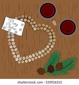 View from above, a wine cork in the shape of a heart, a glass of wine, a pine branch, pine cone pine