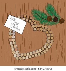 View from above, a wine cork in the shape of a heart, a pine branch, pine cone pine