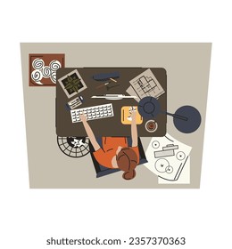 View from above at young architect sitting at table, working on computer. Corrections and additions for web project. Flat vector illustration in cartoon style
