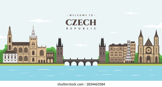 A view of the absolutely gorgeous Prague, Czech Republic. Beauty panorama landscape colorful of old town in Prague with historical building landmark. World travel and tourism, traveling poster