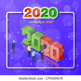 View of abstract isometric background with businessmen dedicated to New Year 2020, Isometric technology for New Year holiday posters and banners, Vector illustration