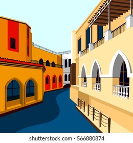 View of Abu Dhabi city, United Arab Emirates. Cityscape background with UAE houses. Modern building perspective design. Vector illustration of arabic architecture in the minimal style
