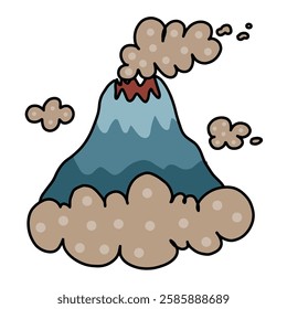 view of an active volcano emitting smoke among the clouds as if it were above the clouds, hand drawn vector