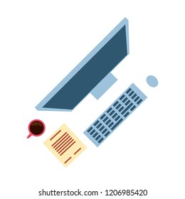 view aerial of computer with cup coffee and paper