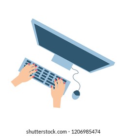 view aerial of hands with desktop computer