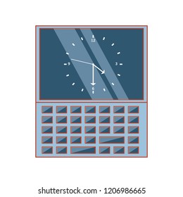 view aerial of laptop with clock in screen