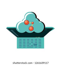 view aerial of laptop with cloud computing and share signal