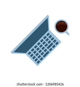 view aerial of laptop computer with cup coffee