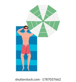 view aerial, man in shorts lying down, tanning on towel, with umbrella, summer vacation season vector illustration design