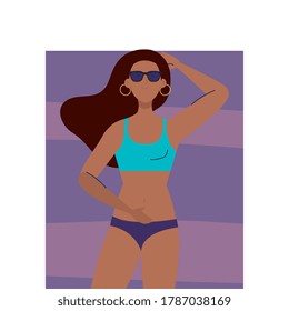 view aerial, woman afro using swimsuit lying down, tanning on towel, summer vacation season vector illustration design