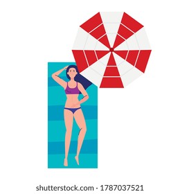 view aerial, woman using swimsuit lying down, tanning on towel, with umbrella, summer vacation season vector illustration design