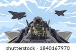 View from the aircraft cockpit on the pilot. Aircraft-fighter cockpit overview. Aerobatic team in the air. A new generation military fighter. Pilot of the future. Vector illustration EPS 10