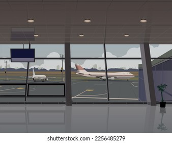 View of the airfield and aircraft from the large window of the airport terminal. Vector.