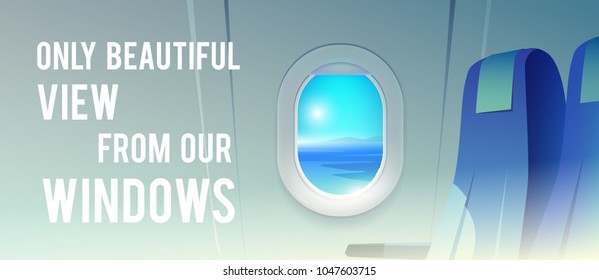 View From Airplane. Airline Passenger. Vacation Destinations. Summer Holiday. Tropical Beach. Flat Web Vector Banner.
