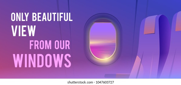 View from airplane. Airline passenger. Vacation destinations. Summer holiday. Tropical beach. Flat web vector banner.