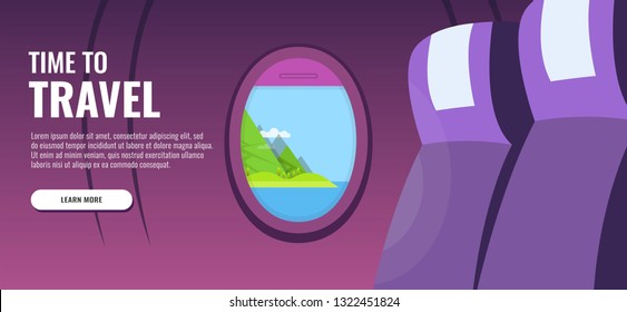 View from airplane. Airline passenger. Vacation destinations. Summer holiday. Time to travel concept. Web vector banner.