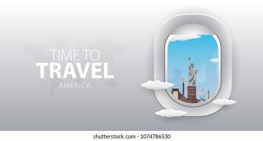 View from airplane. Flight window. America. Flat web vector banner