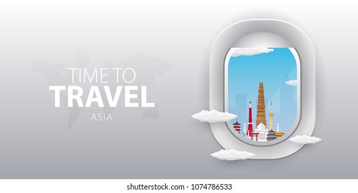 View from airplane. Flight window. Asia. Flat web vector banner