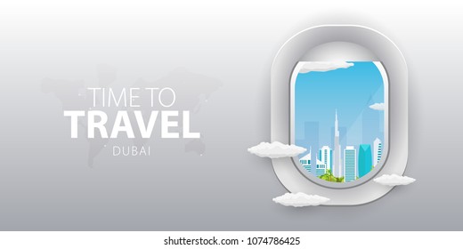 View from airplane. Flight window. Dubai. Flat web vector banner