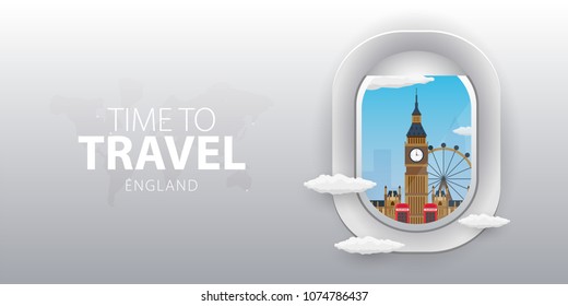 View From Airplane. Flight Window. England. Flat Web Vector Banner