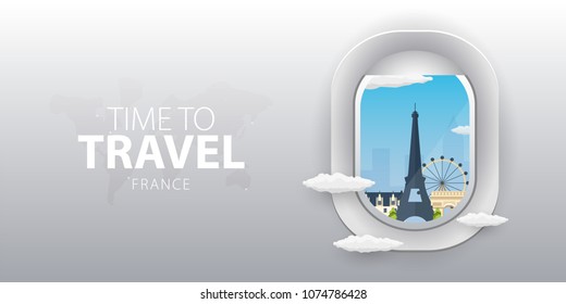 View from airplane. Flight window. France. Flat web vector banner