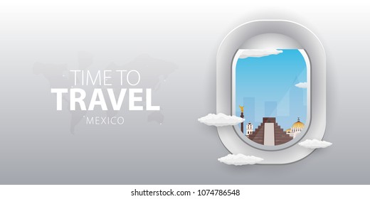 View from airplane. Flight window. Mexico. Flat web vector banner
