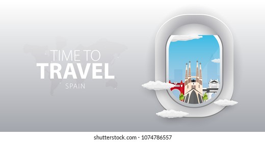 View from airplane. Flight window. Spain. Flat web vector banner