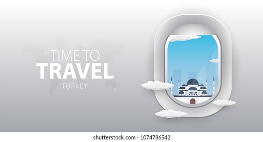 View from airplane. Flight window. Turkey. Flat web vector banner