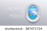 View from airplane. Flight window. Vacation destinations. Tropical beach. Flat web vector banner.